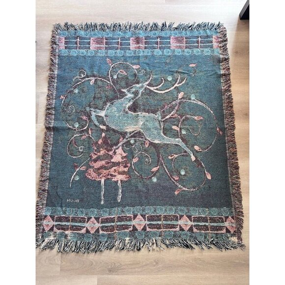 Leaping Deer Reindeer Christmas Vintage‎ Tapestry Afghan Throw 50x60 Cheri Blum - Picture 4 of 9